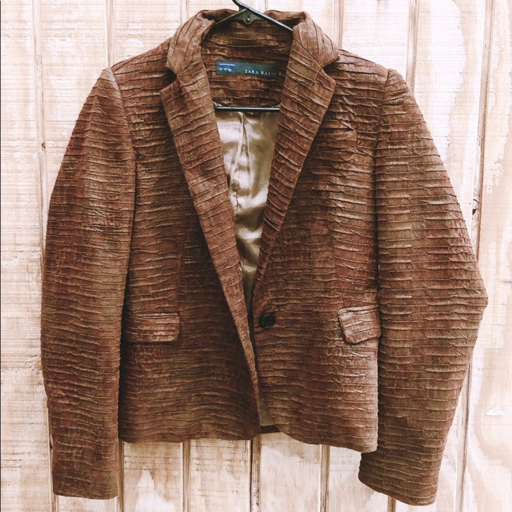 Zara Vegan Faux Leather Blazer Brown S